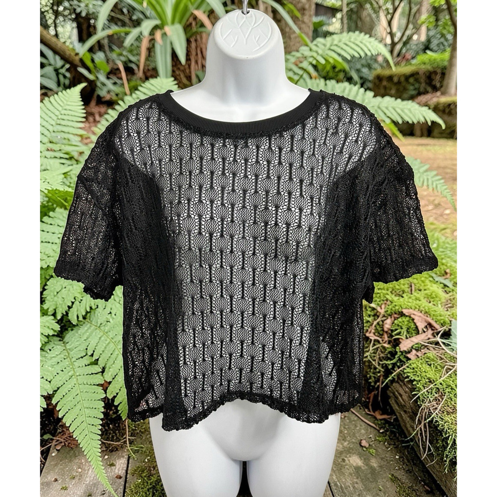 Black Sheer Net Blouse Sz XL Boxy Short Sleeve No Boundaries Layering Top New